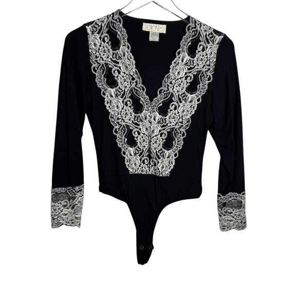 Vintage 80's CACHE Lace trim bodysuit black size small Long Sleeve Made in USA - Picture 1 of 5